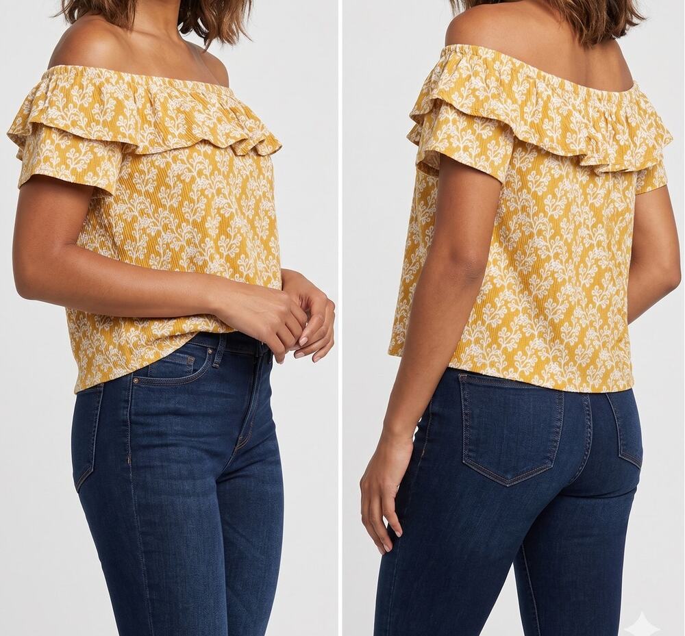 Ann Taylor LOFT Womens Large Yellow Print Off Shoulder Shirt